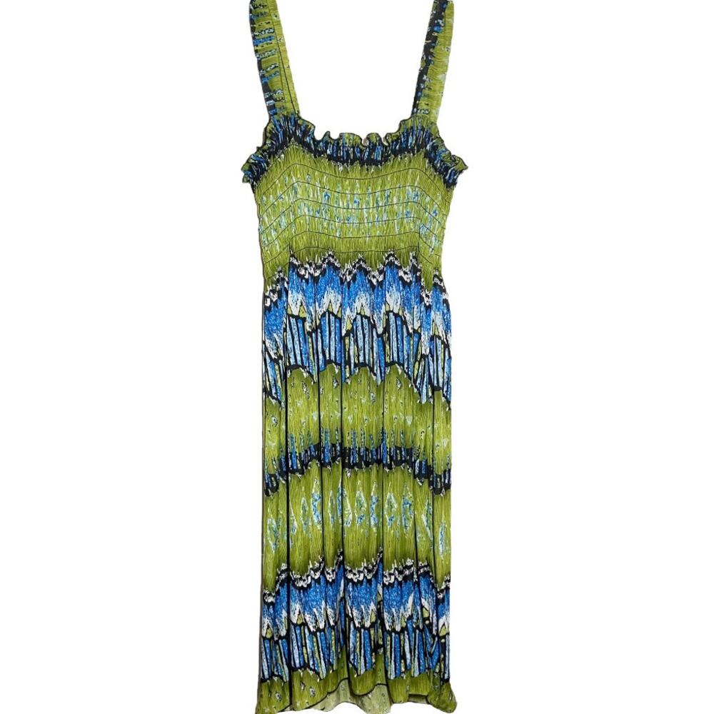 Summer Dress Island Dress Tank Vacation Dress Shirred Ruched Green Blue M
